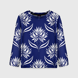 Лонгслив детский Абстрактные белые лотосы на синем - паттерн, цвет: 3D-принт
