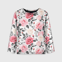 Детский лонгслив Розовые розы и серые листочки - паттерн