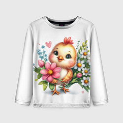 Лонгслив детский Мультяшный цыпленок с цветами, цвет: 3D-принт
