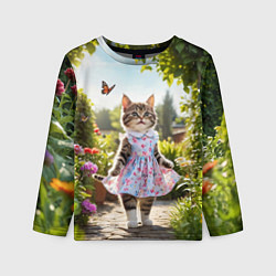 Лонгслив детский Кошка в летнем платье в саду, цвет: 3D-принт