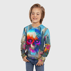 Лонгслив детский Цветной череп в мегаполисе - нейроарт, цвет: 3D-принт — фото 2