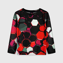 Детский лонгслив Красно-белые шестиугольники на чёрном фоне