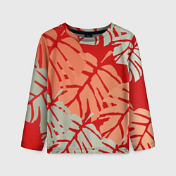 Детский лонгслив Отпечатки монстеры на красном