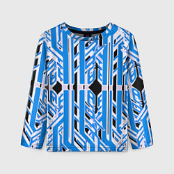 Детский лонгслив Бело-синие техно полосы на чёрном фоне