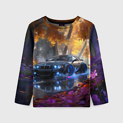 Лонгслив детский BMW синие неоновые фары, цвет: 3D-принт