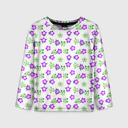Лонгслив детский Зеленые фиолетовые цветы на белом фоне, цвет: 3D-принт