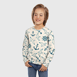 Лонгслив детский Морской паттерн из штурвалов, чаек и якорей, цвет: 3D-принт — фото 2