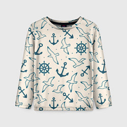 Детский лонгслив Морской паттерн из штурвалов, чаек и якорей