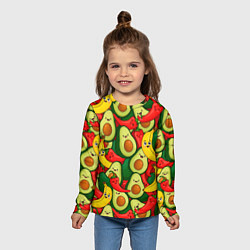Лонгслив детский Авокадо, бананы, перцы чили улыбаются - паттерн фр, цвет: 3D-принт — фото 2
