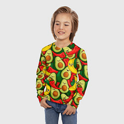 Лонгслив детский Авокадо, бананы, перцы чили улыбаются - паттерн фр, цвет: 3D-принт — фото 2