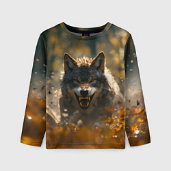 Лонгслив детский Злой волк в осенней листве, цвет: 3D-принт
