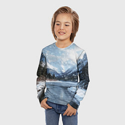 Лонгслив детский Снежный горный пейзаж с елями и рекой, цвет: 3D-принт — фото 2