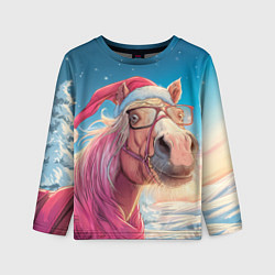 Детский лонгслив Новогодняя лошадь в очках