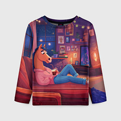 Лонгслив детский Конь в Новогодние праздники у телевизора, цвет: 3D-принт