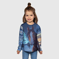 Лонгслив детский Лошадь на фоне новогодней елки, цвет: 3D-принт — фото 2