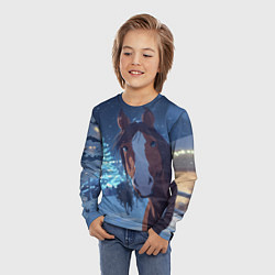 Лонгслив детский Лошадь на фоне новогодней елки, цвет: 3D-принт — фото 2