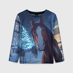 Детский лонгслив Лошадь на фоне новогодней елки
