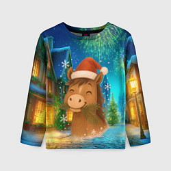 Детский лонгслив Новогодняя лошадка жует елочные ветки