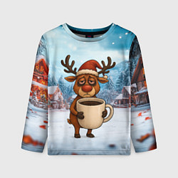Детский лонгслив Уставший новогодний олень с кофе