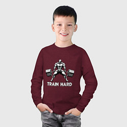 Лонгслив хлопковый детский Train hard тренируйся усердно, цвет: меланж-бордовый — фото 2