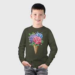 Лонгслив хлопковый детский Букет цветов в рожке, цвет: меланж-хаки — фото 2