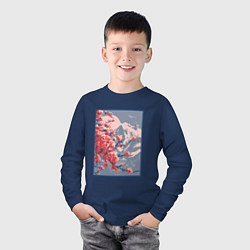 Лонгслив хлопковый детский Цветение Сакуры на фоне Фудзи, цвет: тёмно-синий — фото 2