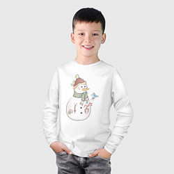 Лонгслив хлопковый детский Снеговик с птичкой, цвет: белый — фото 2