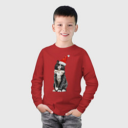 Лонгслив хлопковый детский Черный кот в кружке Новогодний, цвет: красный — фото 2