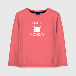 Лонгслив хлопковый детский I hate monday текст с котом, цвет: коралловый