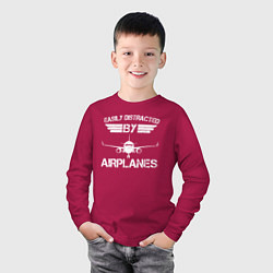 Лонгслив хлопковый детский Легко отвлекается на самолеты, цвет: маджента — фото 2