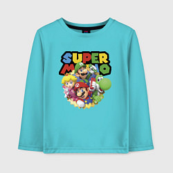 Лонгслив хлопковый детский Компашка героев Super Mario, цвет: бирюзовый