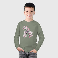 Лонгслив хлопковый детский Розовые птицы и цветы магнолии, цвет: авокадо — фото 2