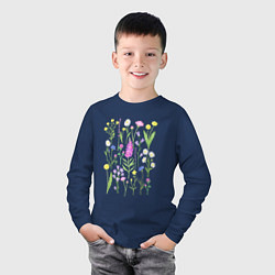 Лонгслив хлопковый детский Полевые цветы, растения акварелью Ботаника, цвет: тёмно-синий — фото 2
