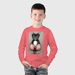Лонгслив хлопковый детский Крутой котяра в боксёрских перчатках Cool cat in b, цвет: коралловый — фото 2