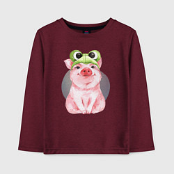 Лонгслив хлопковый детский Милый поросенок в шапке-лягушке, цвет: меланж-бордовый