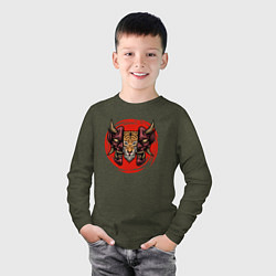 Лонгслив хлопковый детский Тигр в маске самурая, цвет: меланж-хаки — фото 2