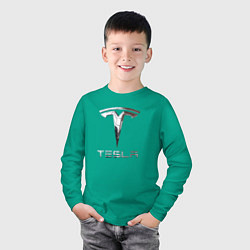 Лонгслив хлопковый детский Tesla Logo Тесла Логотип, цвет: зеленый — фото 2