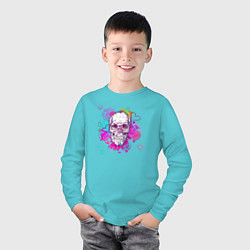 Лонгслив хлопковый детский Красочный Череп Арт Графити, цвет: бирюзовый — фото 2