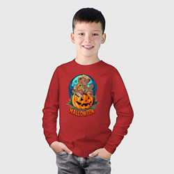 Лонгслив хлопковый детский Halloween - Мишка на тыкве, цвет: красный — фото 2