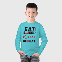 Лонгслив хлопковый детский Надпись: eat sleep Portal repeat, цвет: бирюзовый — фото 2