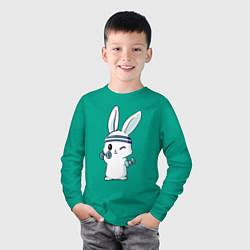 Лонгслив хлопковый детский Прикольный зайчишка пауэрлифтер, цвет: зеленый — фото 2