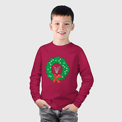 Лонгслив хлопковый детский Рождественский венок с оленем, цвет: маджента — фото 2