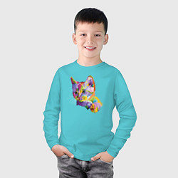 Лонгслив хлопковый детский Поп арт котенок, цвет: бирюзовый — фото 2