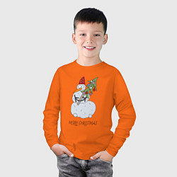 Лонгслив хлопковый детский Снеговик с новогодней ёлкой в Руках, цвет: оранжевый — фото 2