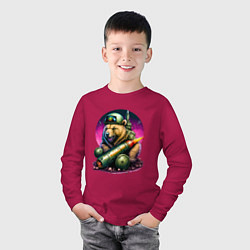 Лонгслив хлопковый детский Боевой медведь ракетчик, цвет: маджента — фото 2