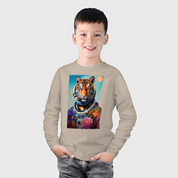 Лонгслив хлопковый детский Тигр в космическом скафандре - нейросеть, цвет: миндальный — фото 2