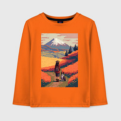 Лонгслив хлопковый детский Девушка, выгуливающая собаку на полях Японии, цвет: оранжевый