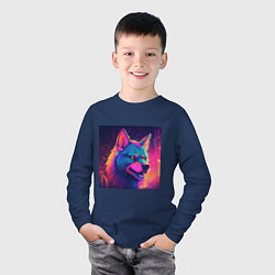 Лонгслив хлопковый детский Волк в неоновом свете, цвет: тёмно-синий — фото 2