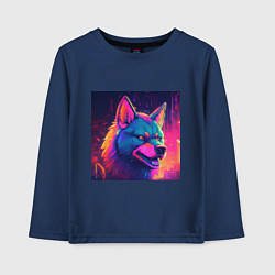 Лонгслив хлопковый детский Волк в неоновом свете, цвет: тёмно-синий