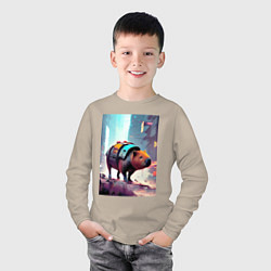 Лонгслив хлопковый детский Капибара в мегаполисе - киберпанк, цвет: миндальный — фото 2